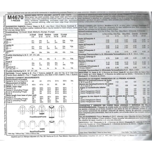 McCalls Sewing Pattern 4670 Jacket Coat Winter Long Short Misses Size L-XL - Picture 2 of 2